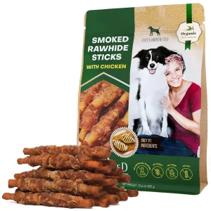 Smoked rawhide sticks wrapped in chicken, grain-free & organic dog treats. Healthy, human-grade chew snacks for pets. Bulk dried meat sticks for dogs.